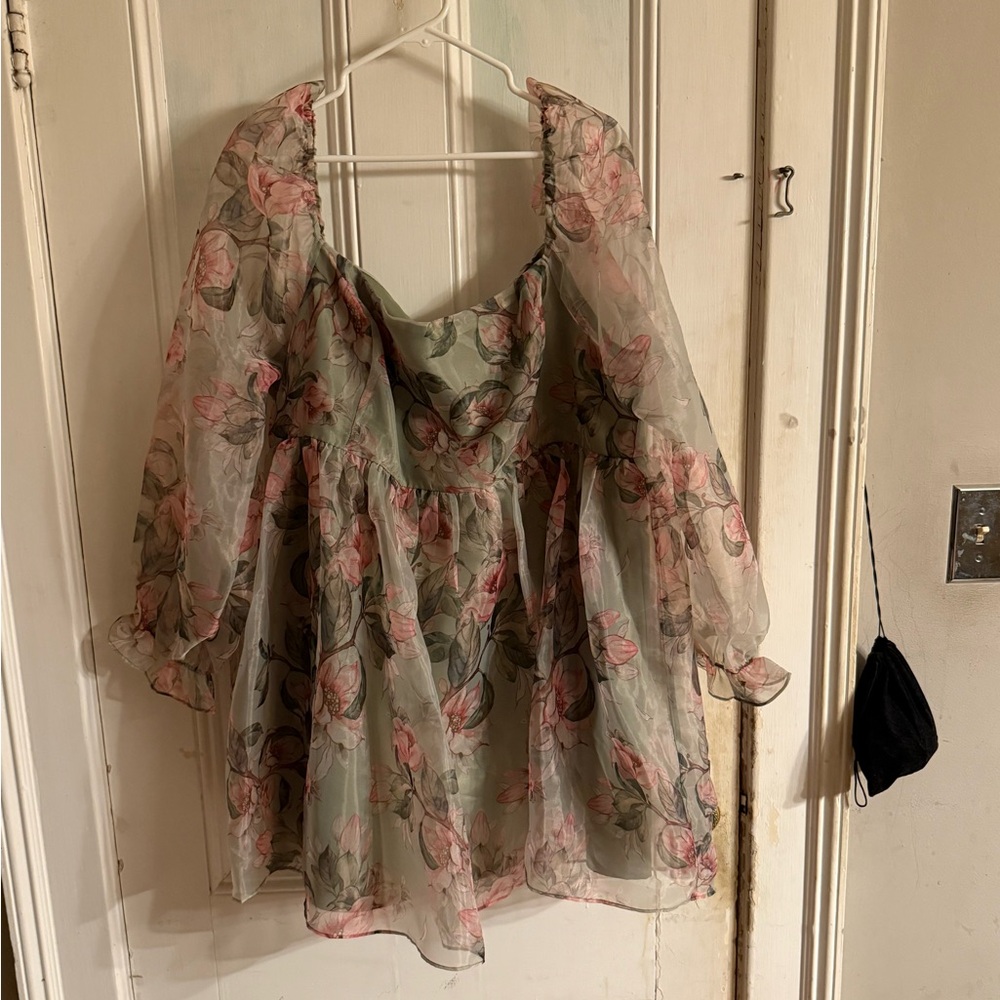 Fashion Nova Green With Pink Floral Puff Dress NWT